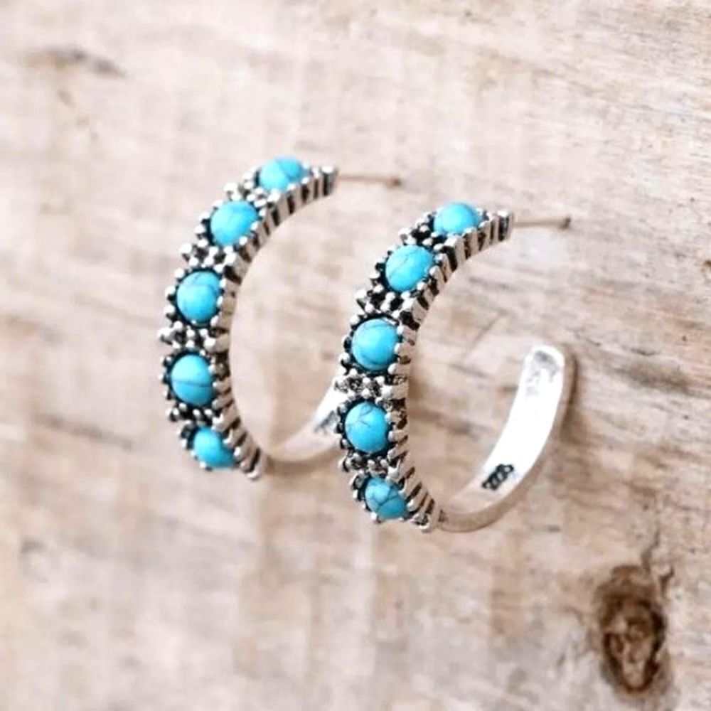 STERLING SILVER TURQUOISE WESTERN TRIBAL HOOP EARRINGS